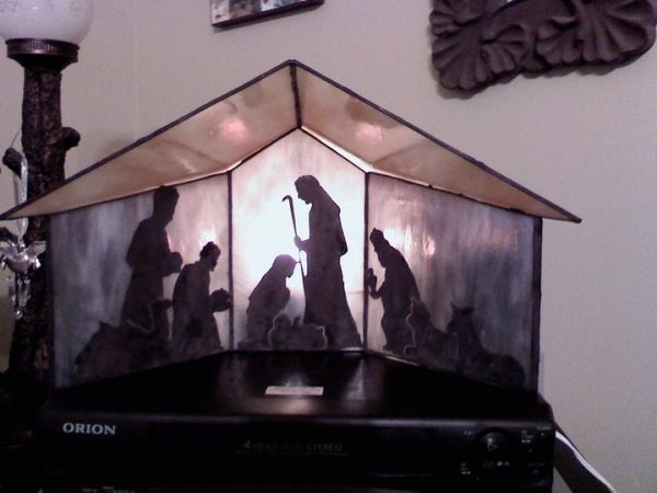 Stained Glass 3-D Manger with Copper Overlay Nativity Scene