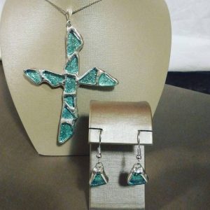 Glass Cross and Matching Glass Earrings Set OOAK