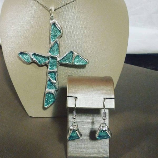 Glass Cross and Matching Glass Earrings Set OOAK