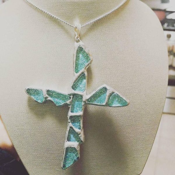 Glass Cross and Matching Glass Earrings Set OOAK - Image 2