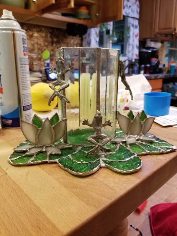 Lilly Pad Beveled Glass Candle Holder with Metal Cast Frog Accents - Image 5