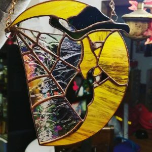 Stained Glass The Man in the Moon with Spider Web Halloween Suncatcher