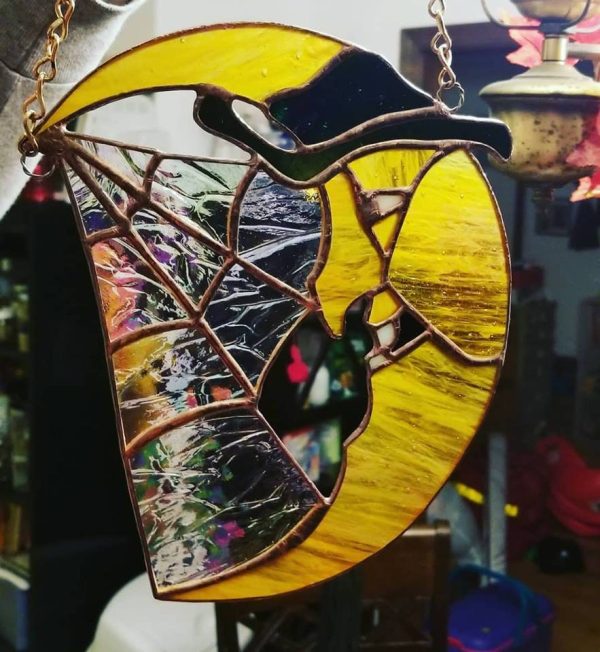 Stained Glass The Man in the Moon with Spider Web Halloween Suncatcher