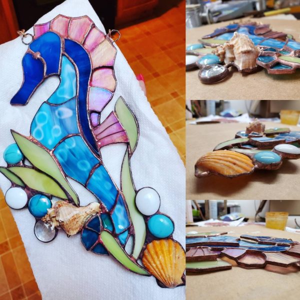 Stained Glass Sea Horse with Genuine Sea Shells and Glass Gem Accents - Image 5