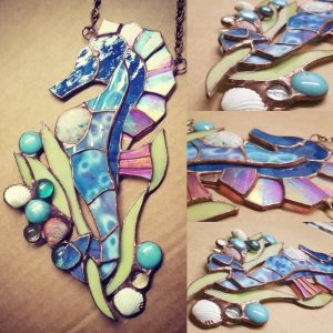 Stained Glass Sea Horse with Genuine Sea Shells and Glass Gem Accents