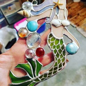 Stained Glass Mermaid with real Sea Shell and Glass Gem Accents.