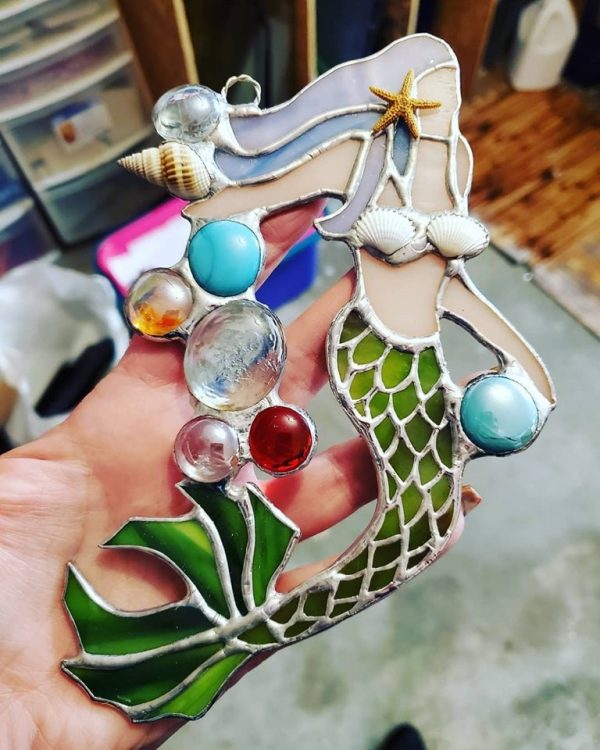 Stained Glass Mermaid with real Sea Shell and Glass Gem Accents.