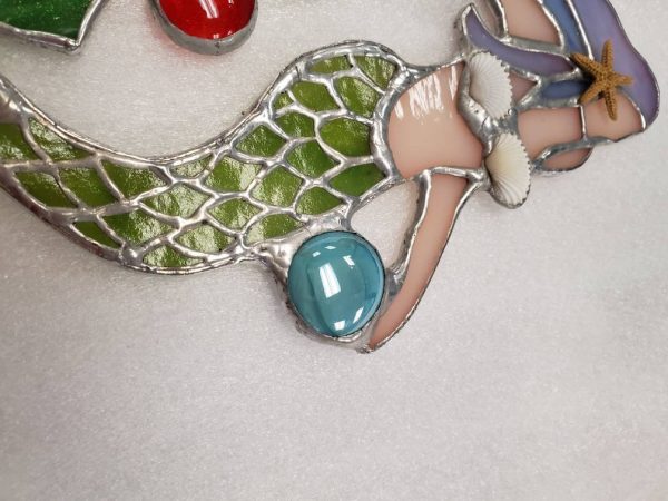 Stained Glass Mermaid with real Sea Shell and Glass Gem Accents. - Image 2