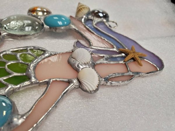 Stained Glass Mermaid with real Sea Shell and Glass Gem Accents. - Image 6