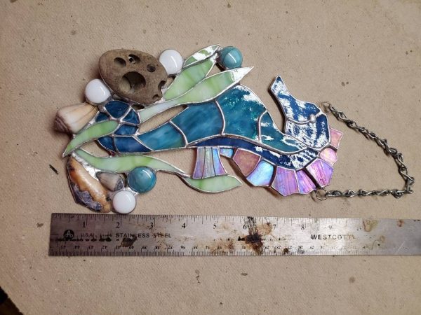 Stained Glass Sea Horse with Genuine Sea Shells and Glass Gem Accents - Image 9