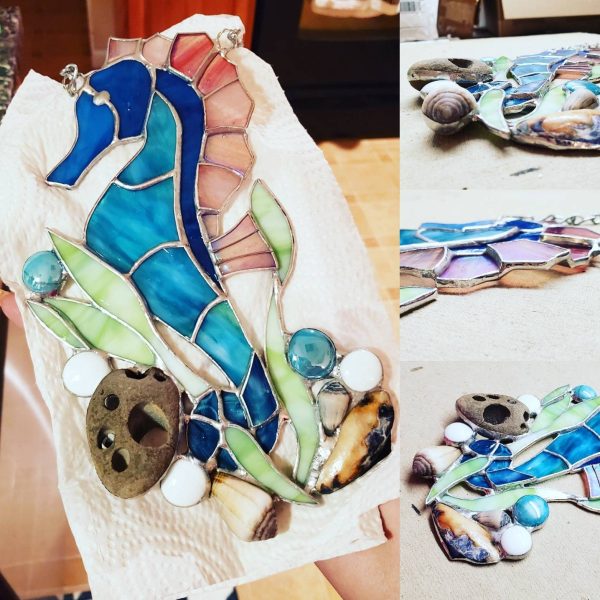 Stained Glass Sea Horse with Genuine Sea Shells and Glass Gem Accents - Image 6