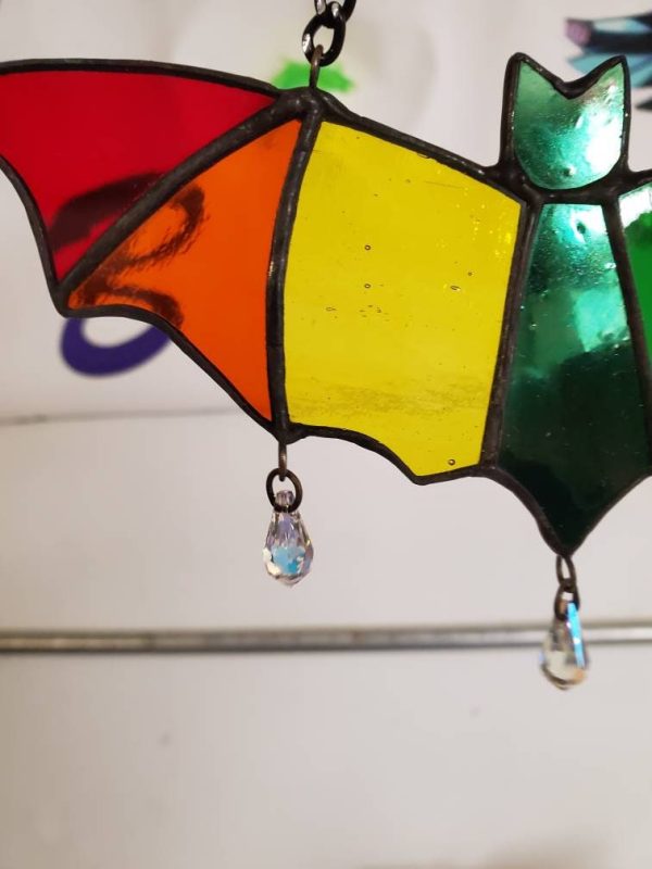 Stained Glass Rainbow Bat Suncatcher with Crystal Dangles - Image 2