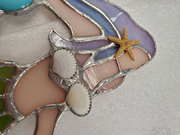 Stained Glass Mermaid with real Sea Shell and Glass Gem Accents. - Image 5