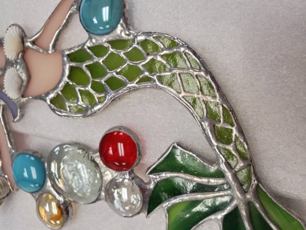 Stained Glass Mermaid with real Sea Shell and Glass Gem Accents. - Image 7