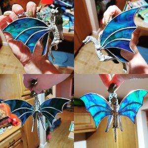 OOAK Dragon Hanging Figurine with Stained Glass Glass Wings