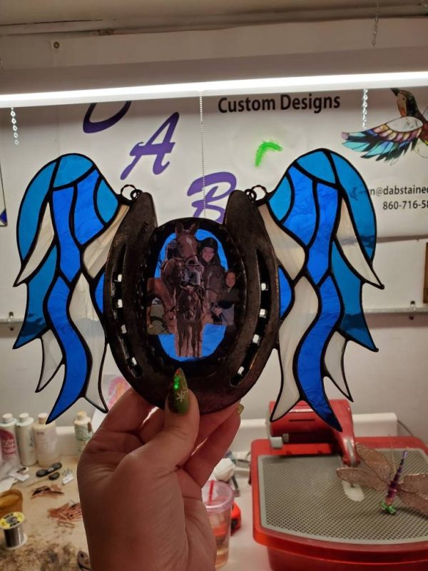 Personalized Horse Pet Memorial with your horseshoe and photos and Stained Glass Wings. - Image 2