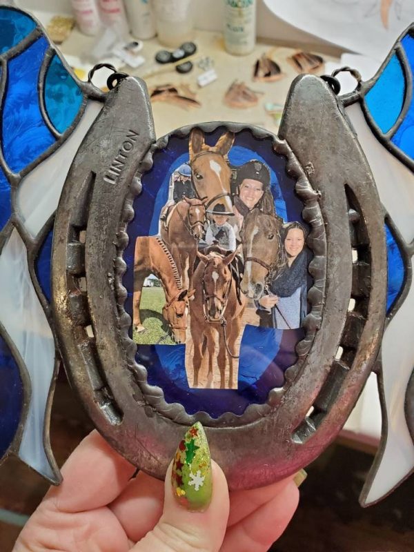 Personalized Horse Pet Memorial with your horseshoe and photos and Stained Glass Wings. - Image 4