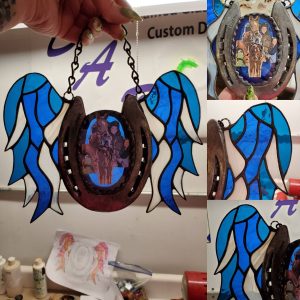 Personalized Horse Pet Memorial with your horseshoe and photos and Stained Glass Wings.