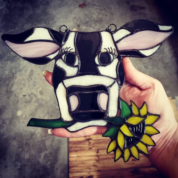 Stained Glass Cow Suncatcher with Sunflower