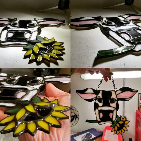 Stained Glass Cow Suncatcher with Sunflower - Image 2