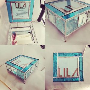 Glass Beveled Sided Keepsake Box with Mirrored Bottom and Hinged double sided invitation lid.