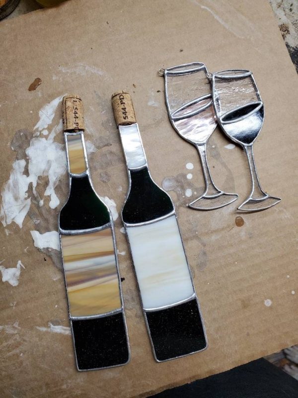 Stained Glass Wine Bottle Suncatcher with Cork Accent.