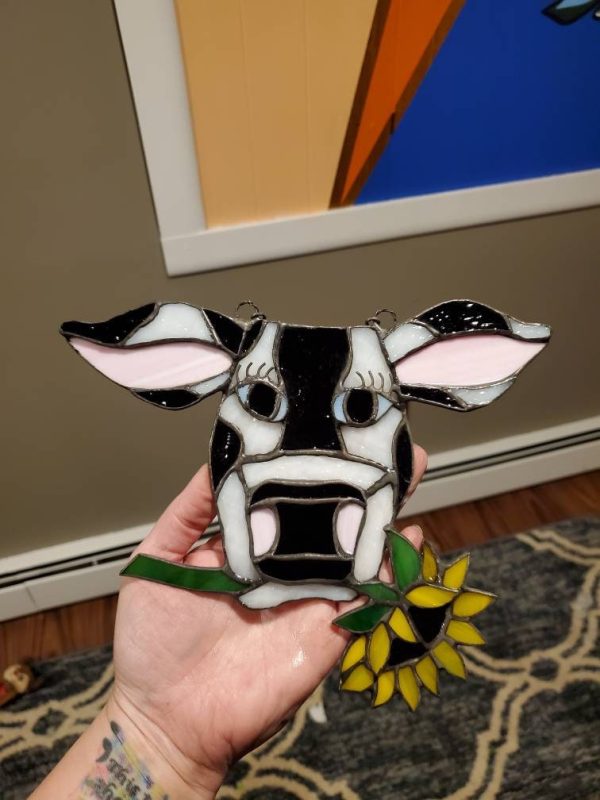 Stained Glass Cow Suncatcher with Sunflower - Image 3