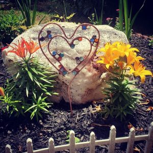 Heart Shaped Hand Formed Copper Pipe Garden Stake with Glass Gems
