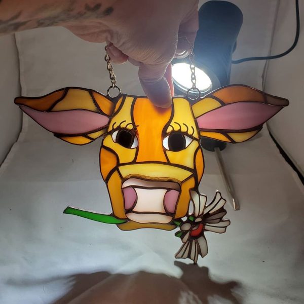 Stained Glass Brown Cow with Daisy - Image 3