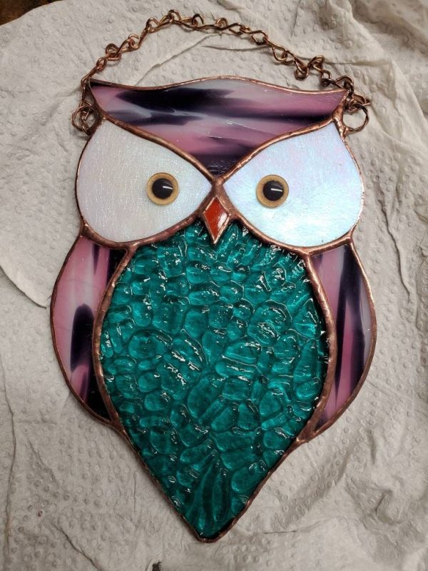 Stained Glass Owl Suncatcher with painted Glass Eyes.