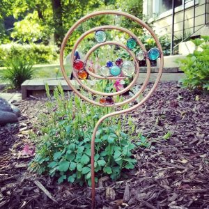 Hand Formed Copper Pipe "Lollipop" Garden Stakes with Glass Gems