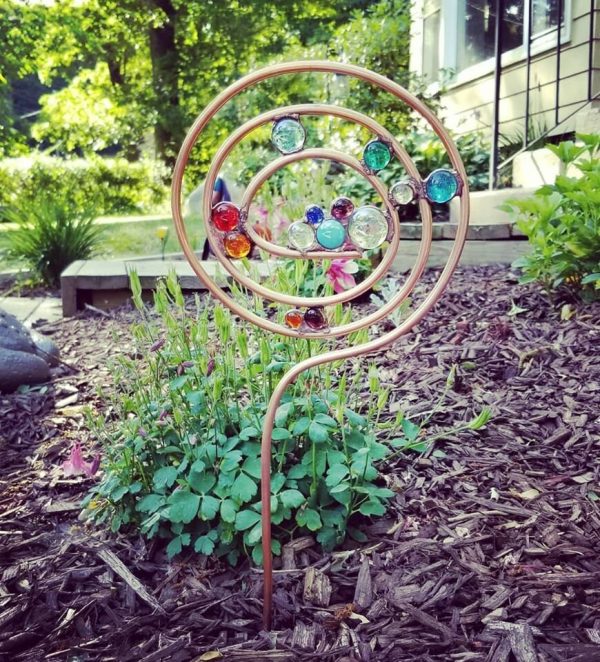 Hand Formed Copper Pipe "Lollipop" Garden Stakes with Glass Gems