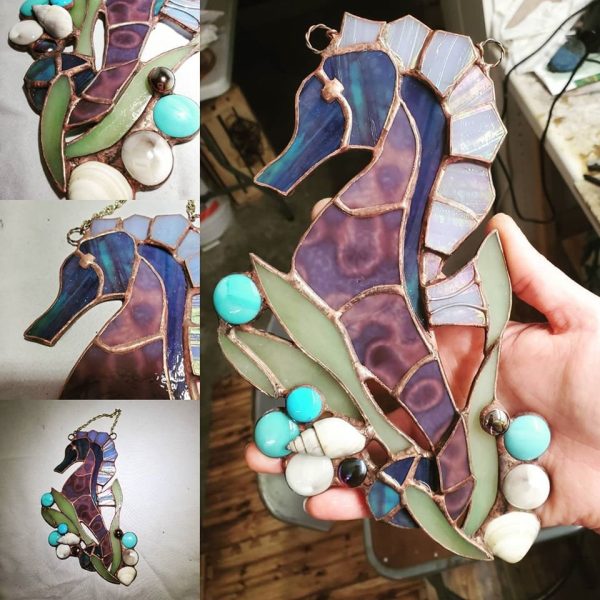 Stained Glass Sea Horse with Genuine Sea Shells and Glass Gem Accents - Image 3