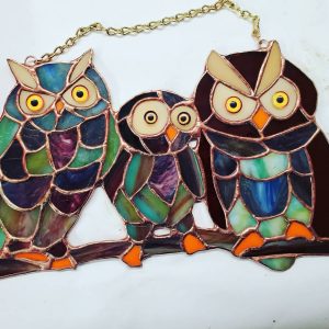 Stained Glass Owl Trio on a Branch