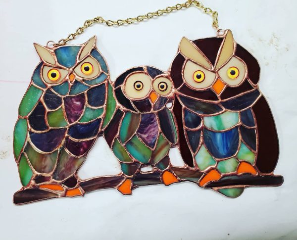 Stained Glass Owl Trio on a Branch