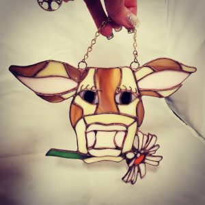 Stained Glass Brown Cow with Daisy