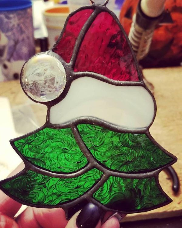 Stained Glass Tree with Santa Hat