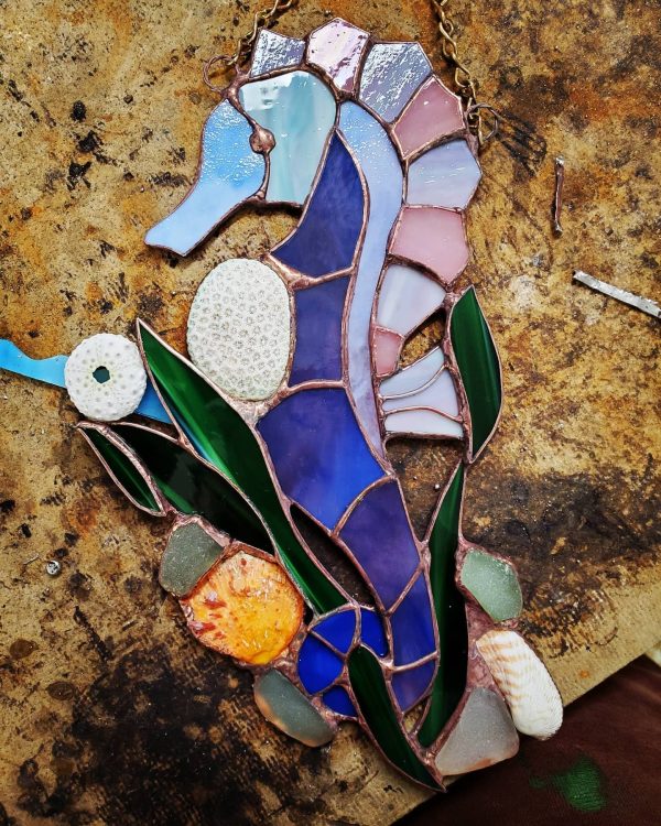 Stained Glass Sea Horse with Genuine Sea Shells and Glass Gem Accents - Image 4