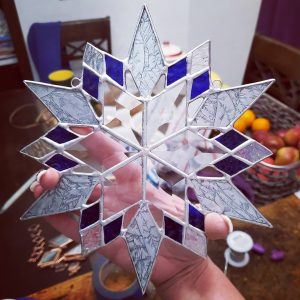 Large Stained Glass Snowflake Suncatcher/Window or Wall Hanging with Beveled Glass Center