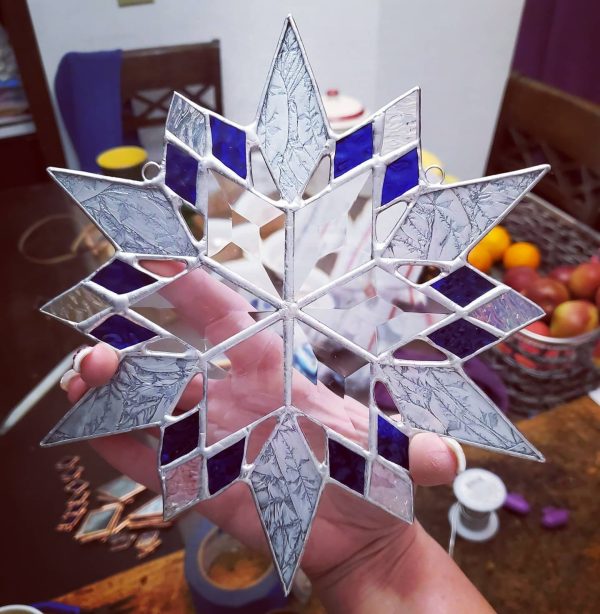 Large Stained Glass Snowflake Suncatcher/Window or Wall Hanging with Beveled Glass Center