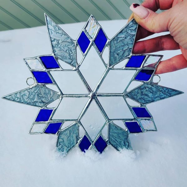 Large Stained Glass Snowflake Suncatcher/Window or Wall Hanging with Beveled Glass Center - Image 2