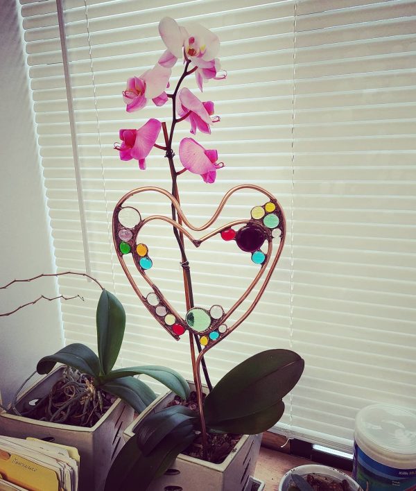 Heart Shaped Hand Formed Copper Pipe Garden Stake with Glass Gems - Image 4