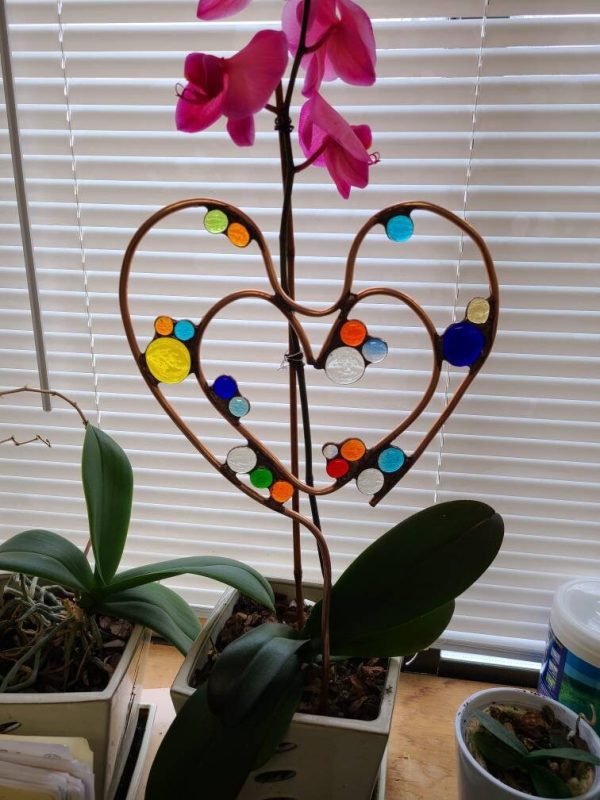 Heart Shaped Hand Formed Copper Pipe Garden Stake with Glass Gems - Image 3