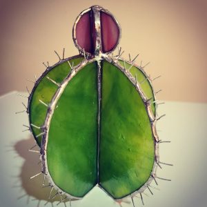 Free Standing 3D Stained Glass Blooming Cactus with hand formed wire Needle accents