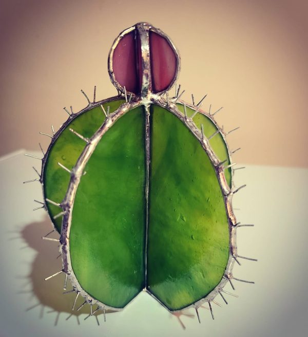 Free Standing 3D Stained Glass Blooming Cactus with hand formed wire Needle accents