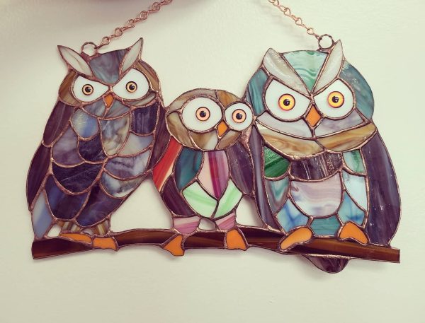 Stained Glass Owl Trio on a Branch - Image 3
