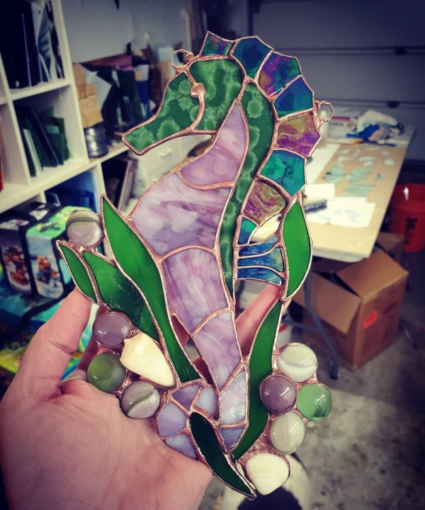 Stained Glass Sea Horse with Genuine Sea Shells and Glass Gem Accents - Image 2