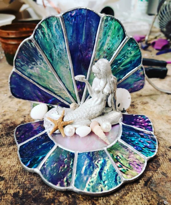 Cast Mermaid sitting in a Stained Glass Clam Shell