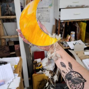 Stained Glass Cresent Moon with Star Twinkle light waterfall