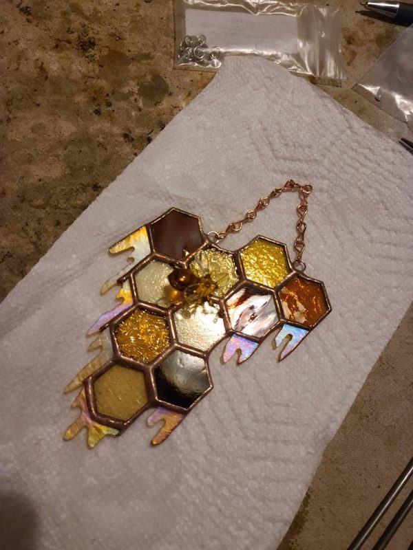 Stained Glass Honeycomb with lampwork Glass Bee - Image 5